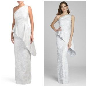 NWT rickie freeman TERI JON Sz 14 Grey Silver one shoulder jacquard dress